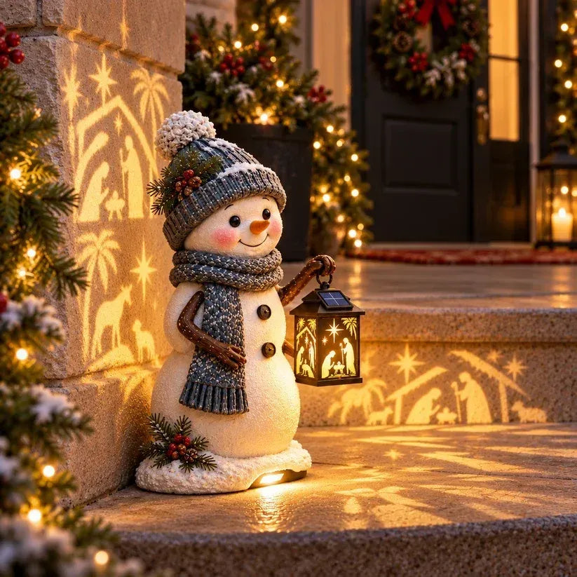 ⛄ Snowman Nativity GlowTM – Solar Christmas Step Light with Holy Family Projection