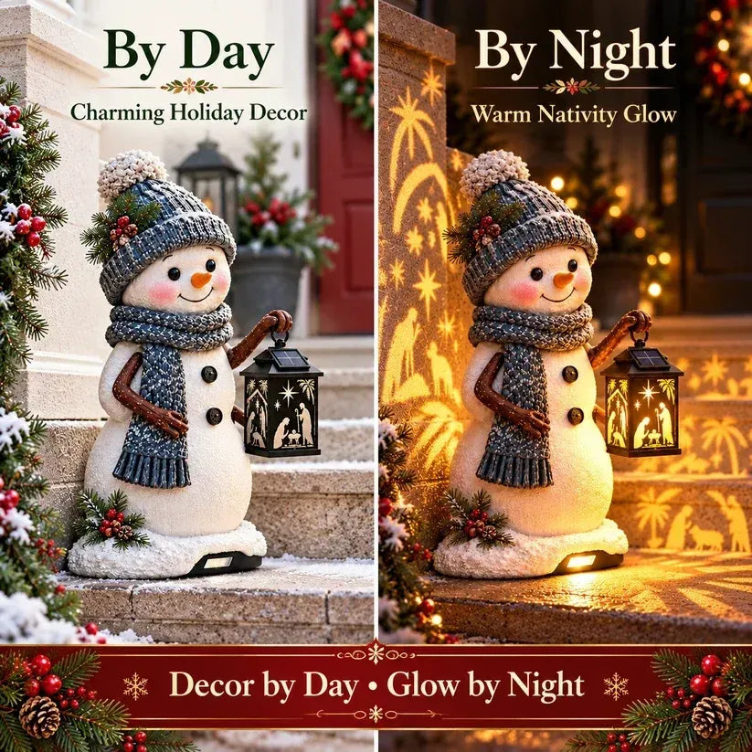 ⛄ Snowman Nativity GlowTM – Solar Christmas Step Light with Holy Family Projection