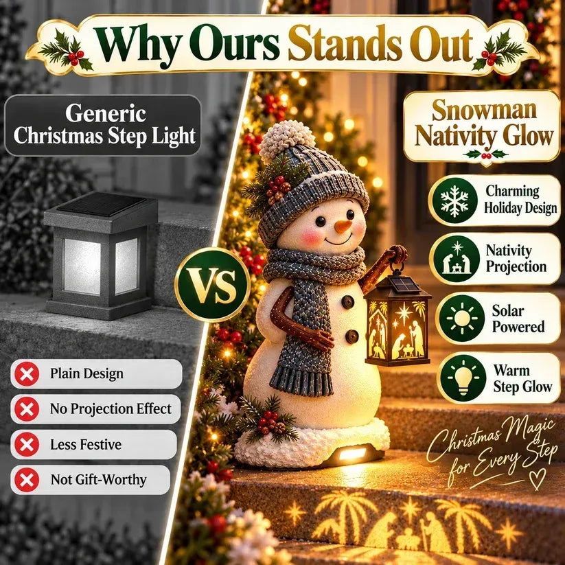 ⛄ Snowman Nativity GlowTM – Solar Christmas Step Light with Holy Family Projection