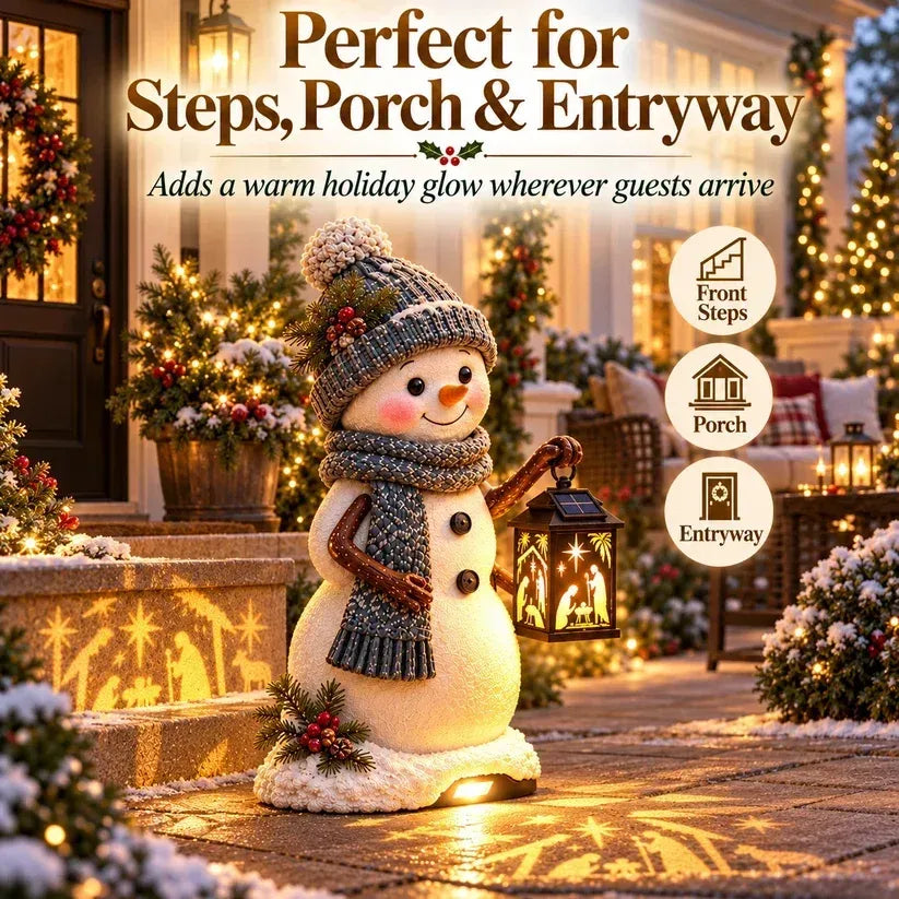 ⛄ Snowman Nativity GlowTM – Solar Christmas Step Light with Holy Family Projection