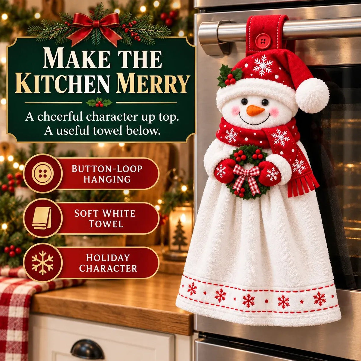 🔥 Last Day 49% OFF - 🎄Christmas Hanging Hand Towel | Button-On Loop Keeps It Within Reach⛄️