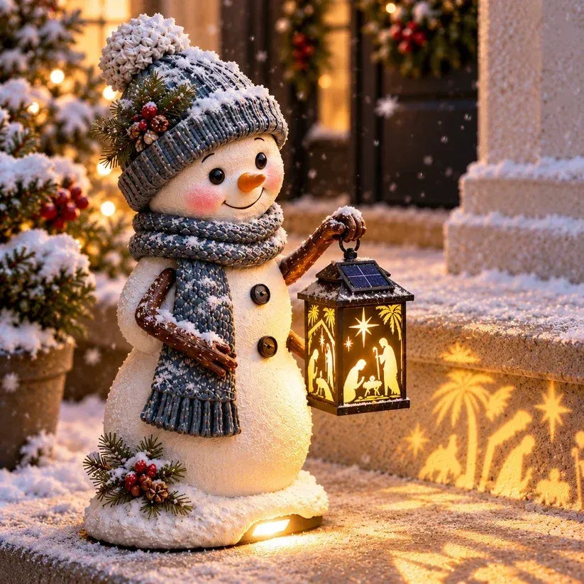 ⛄ Snowman Nativity GlowTM – Solar Christmas Step Light with Holy Family Projection