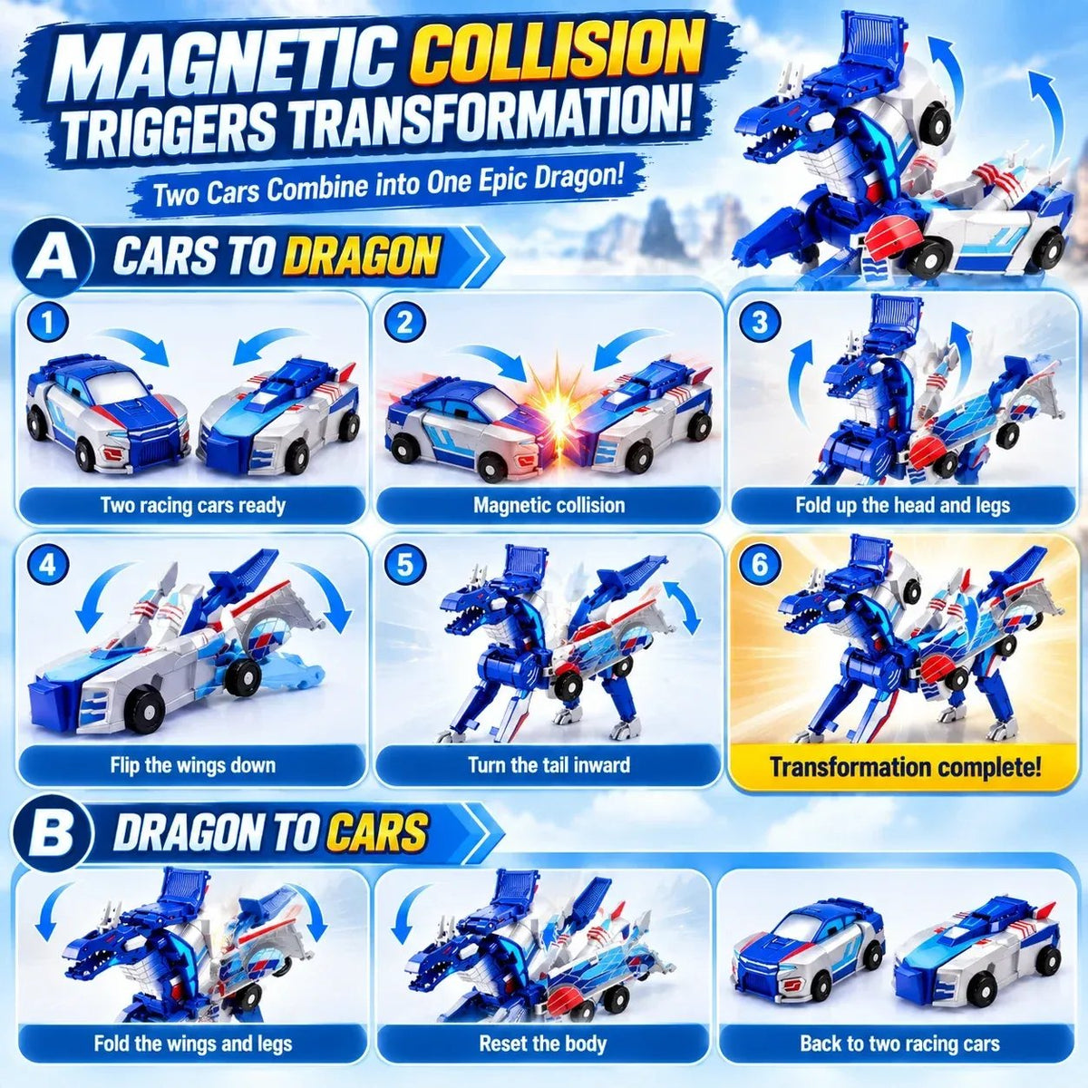 2-in-1 Magnetic Transforming Dragon Car Toy – Racing Car Set