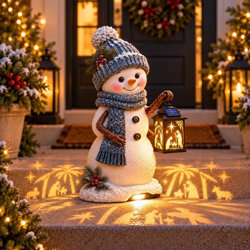 ⛄ Snowman Nativity GlowTM – Solar Christmas Step Light with Holy Family Projection