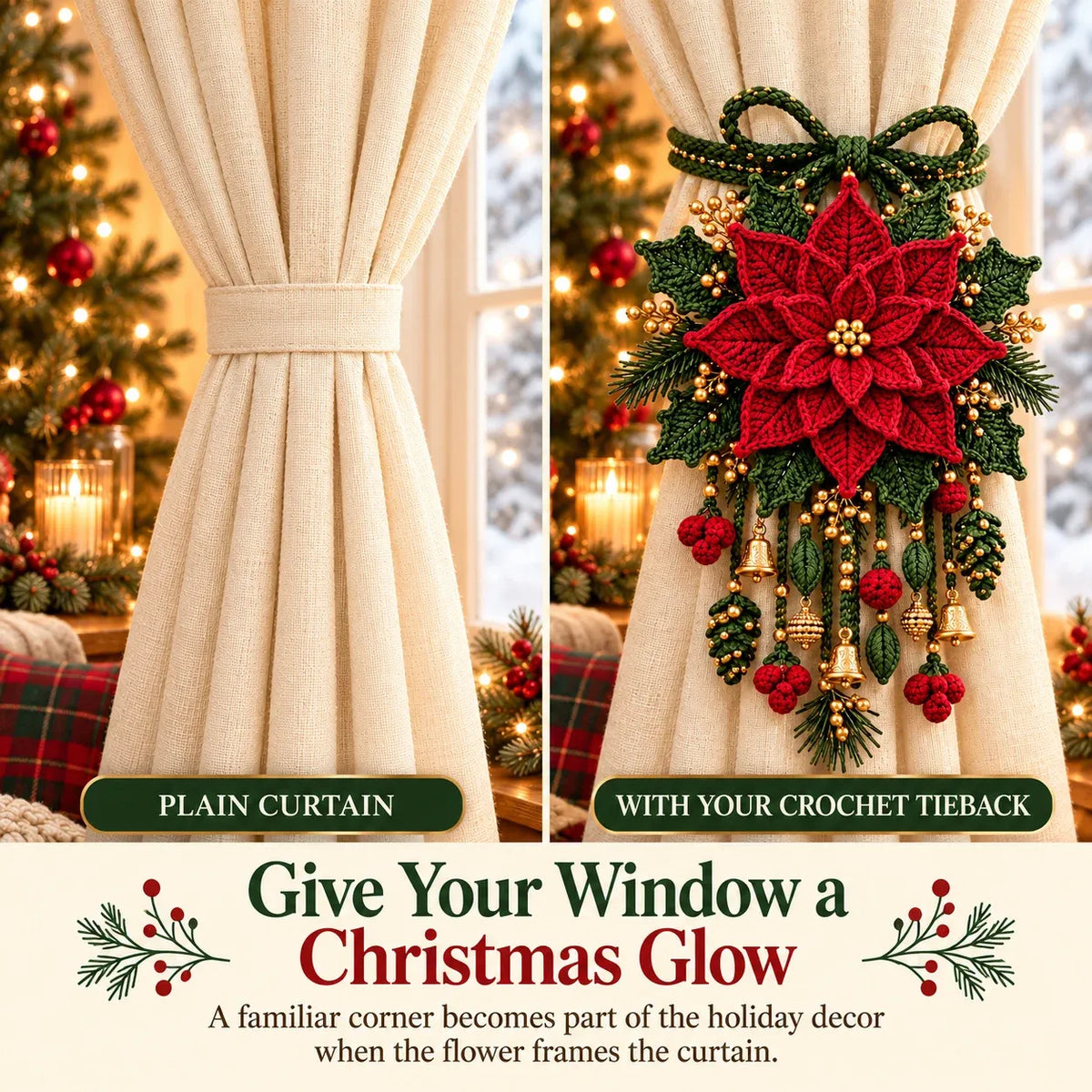 ⏳ Last Day 49% OFF – 🎄 Christmas Crochet Curtain Tieback DIY Kit | Beginner-Friendly Options, 8 Festive Designs 🧶