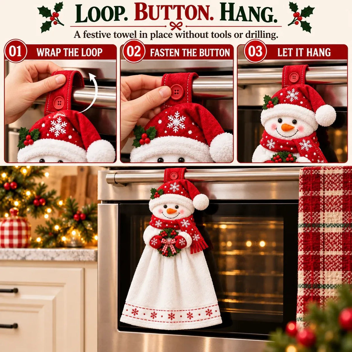 🔥 Last Day 49% OFF - 🎄Christmas Hanging Hand Towel | Button-On Loop Keeps It Within Reach⛄️