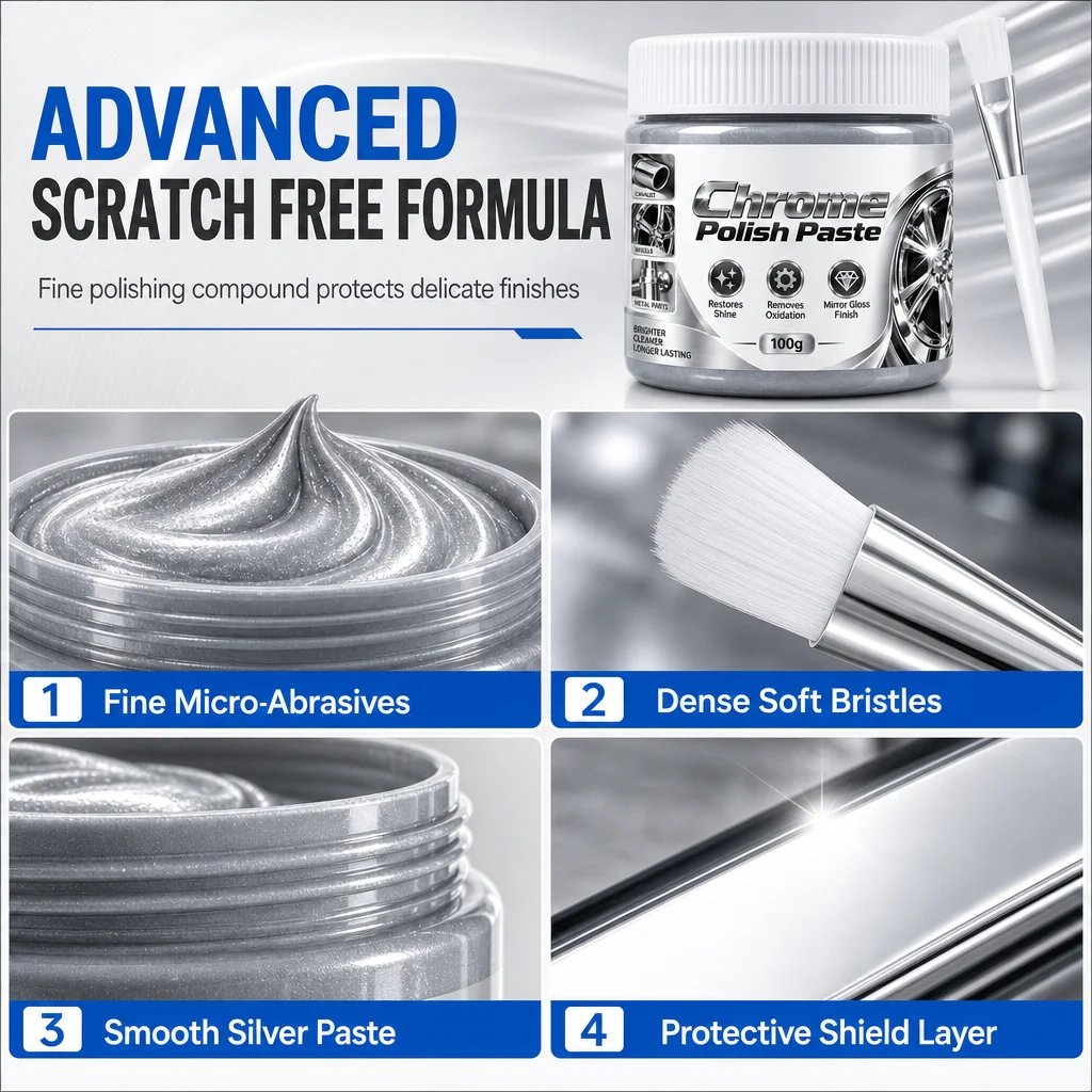 Metal Chrome Polish & Restorer Paste with Brush